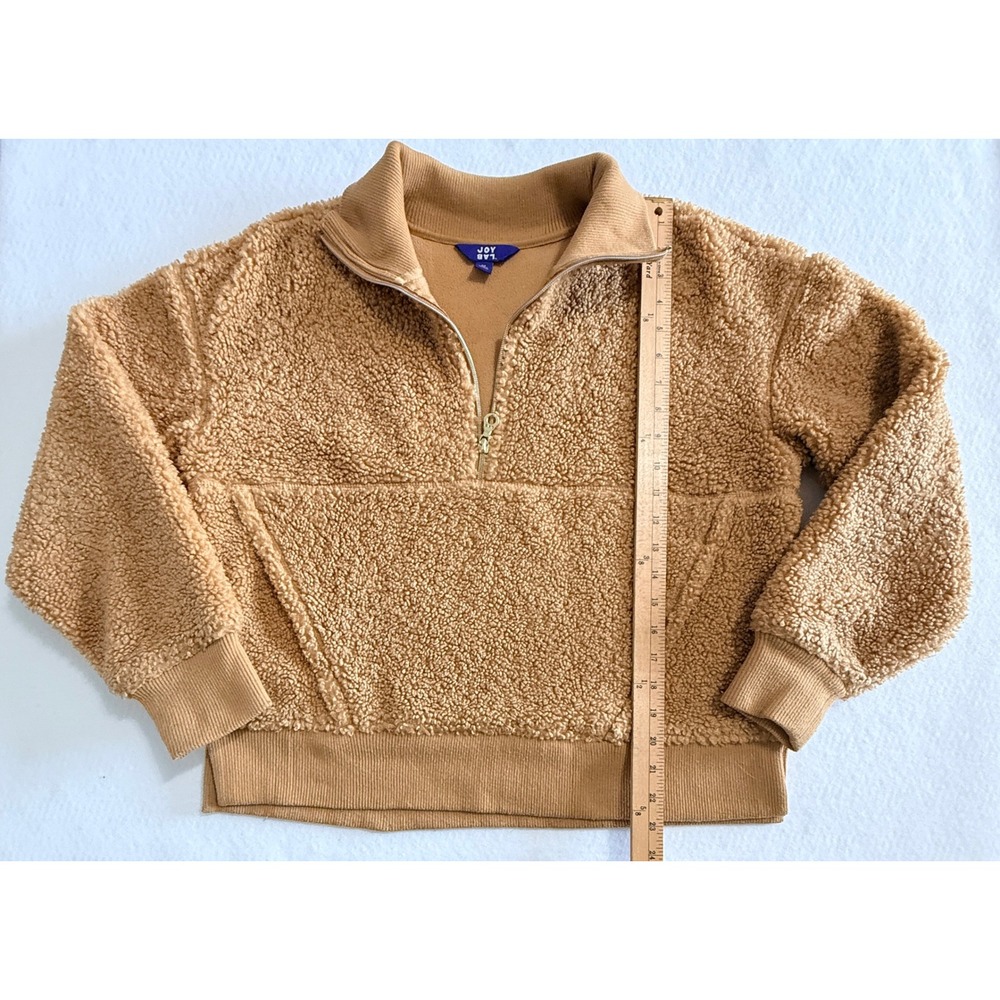 JoyLab Pullover Women M Brown Sherpa Faux Fur Quarter‎ Zip Kangaroo Pocket Cozy - Picture 7 of 7